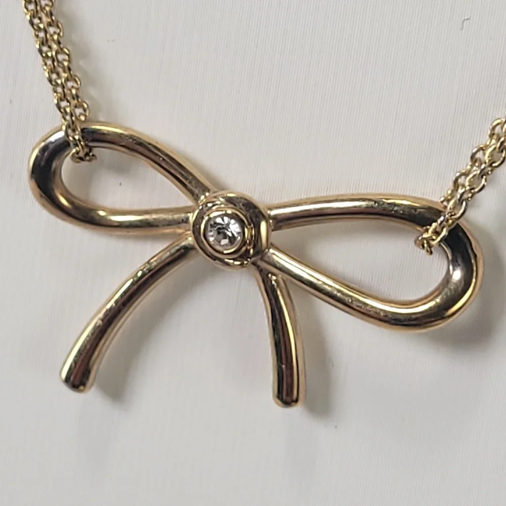 Kate Spade Ribbon Bow Necklace Women Gold Tone Crystal Accent Double Strand
